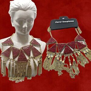 Carol Dauplaise Red Maroon-Gold Geometric Bead Tassel Statement Bib Necklace